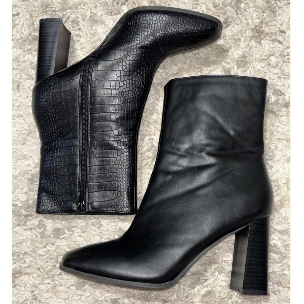 Black‎ Faux leather Croc Block Heel Ankle Boots Square Toe Side Zip Size 10 new